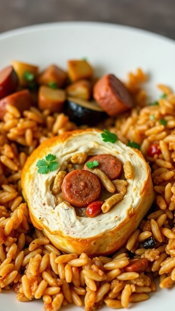 Cajun Chicken Breast with Andouille Sausage served with orzo and vegetables.