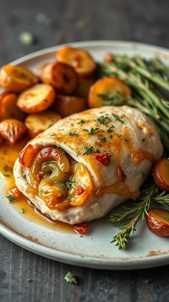 A plate of caramelized onion and Gruyere stuffed chicken served with roasted potatoes and herbs.