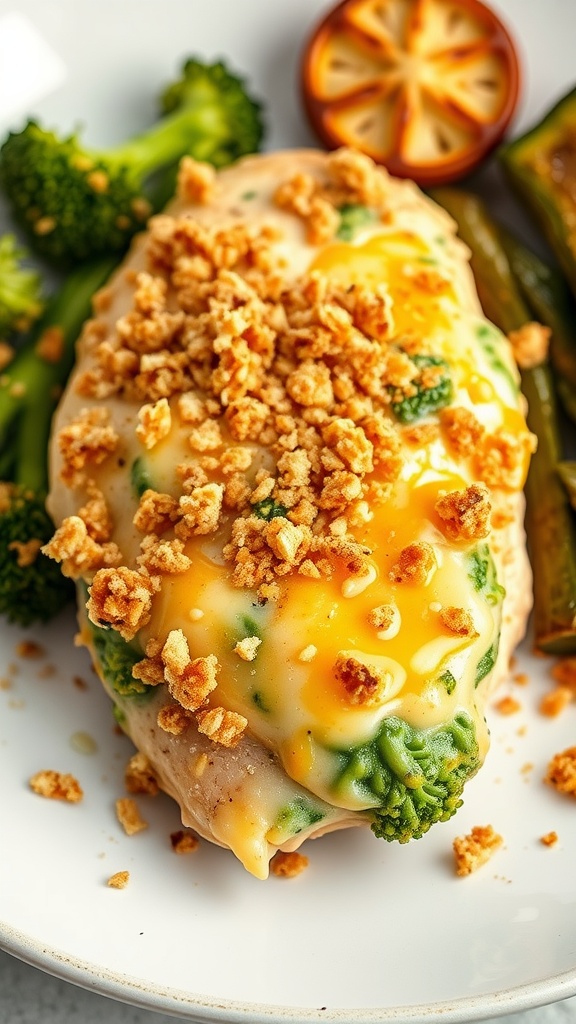 Cheesy Broccoli Stuffed Chicken on a plate with broccoli and crispy topping.