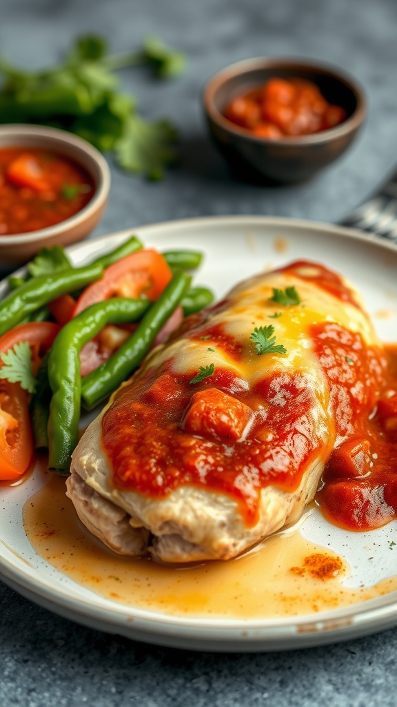 Chorizo and cheese stuffed chicken breast served with salsa and vegetables.