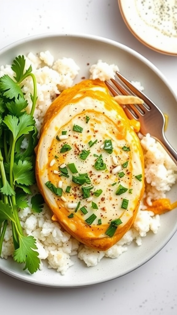 Coconut curry stuffed chicken breast with rice and herbs