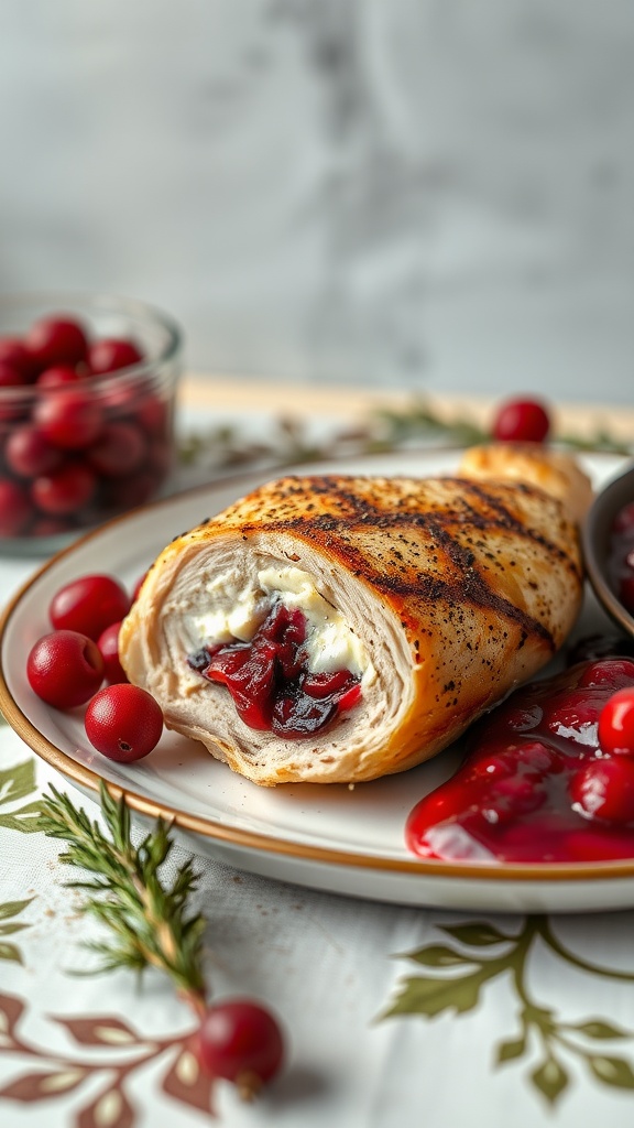 A plate of cranberry and Brie stuffed chicken breast with fresh cranberries on the side.