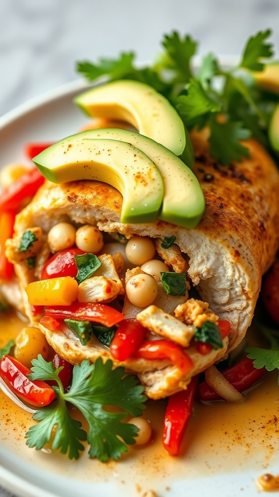 A delicious plate of fajita style stuffed chicken breast with colorful peppers and avocado.