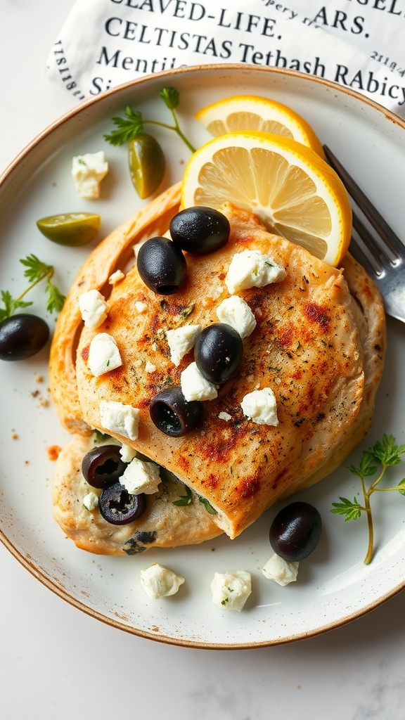 A plate of Greek Style Stuffed Chicken with Olives, garnished with feta and lemon.