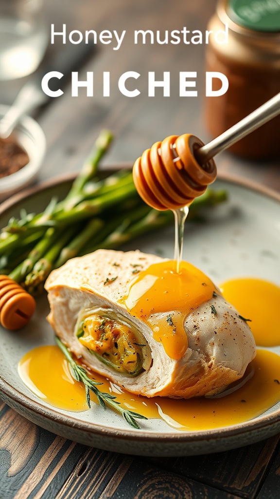 Honey mustard and thyme stuffed chicken breast with a drizzle of honey