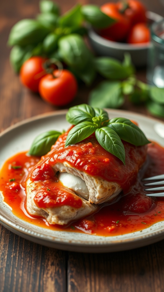 A plate of Italian Herb and Ricotta Stuffed Chicken topped with marinara sauce and fresh basil, surrounded by tomatoes and herbs.