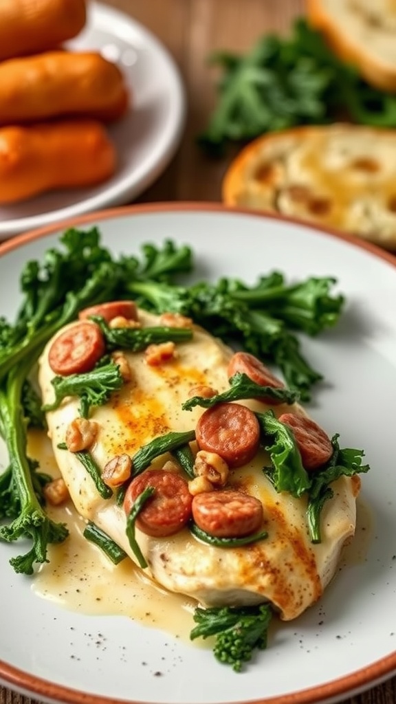 Italian Sausage and Kale Stuffed Chicken with greens and sausage topping