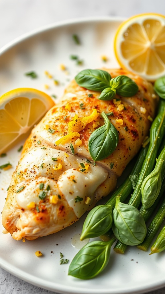 A plate of lemon basil and parmesan stuffed chicken breast with green beans and lemon slices.