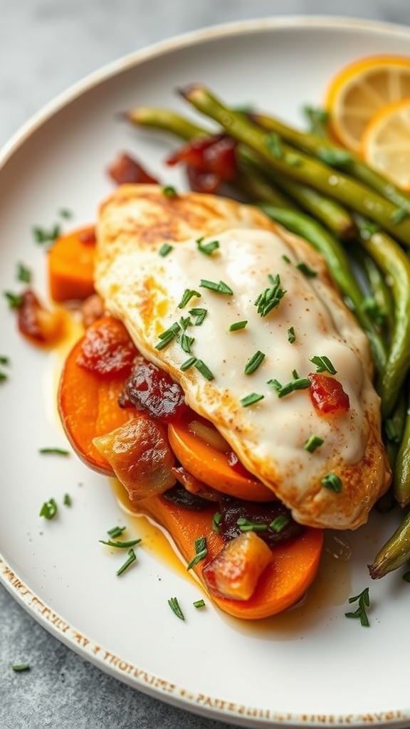 A plate of stuffed chicken breast with sweet potatoes and bacon, garnished with chives.