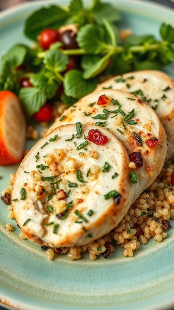 Mediterranean stuffed chicken breast with quinoa and salad