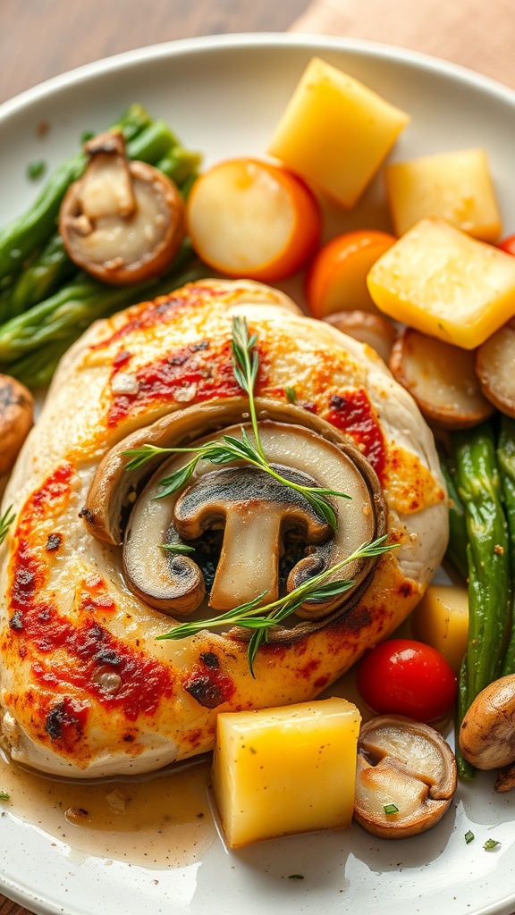 Delicious mushroom and Swiss cheese stuffed chicken breast served with vegetables.