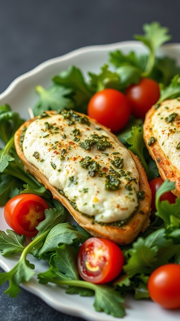 A plate of pesto and goat cheese stuffed chicken breasts served on a bed of greens with cherry tomatoes.