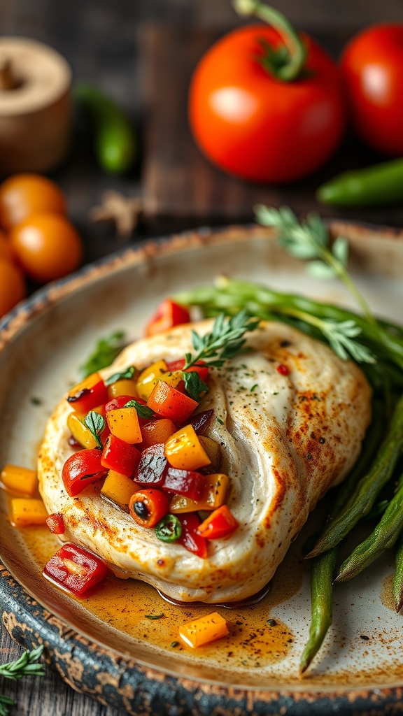 A delicious plate of ratatouille stuffed chicken breast served with green beans.