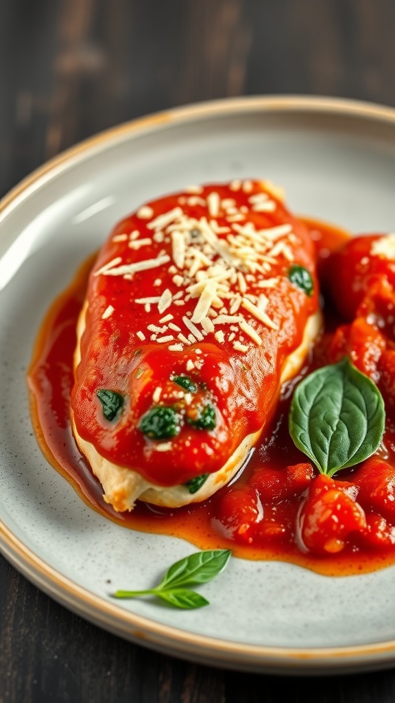 A plated dish of ricotta and spinach stuffed chicken breast topped with marinara sauce and garnished with cheese.