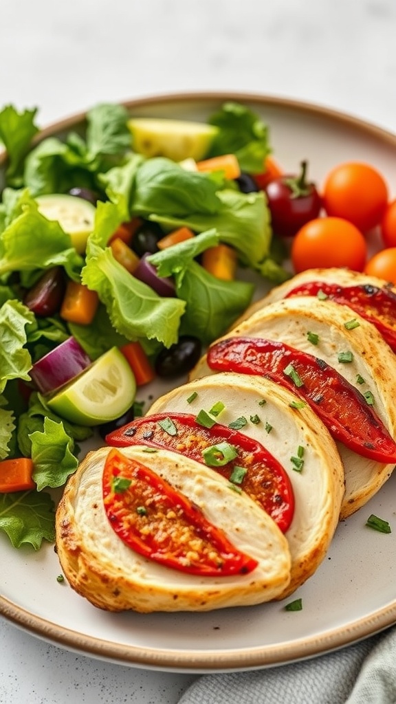 Sliced stuffed chicken breast with roasted red peppers and a side salad.