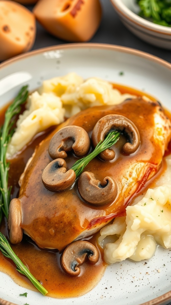 Sausage and mushroom stuffed chicken on a plate with mashed potatoes and garnished with herbs.