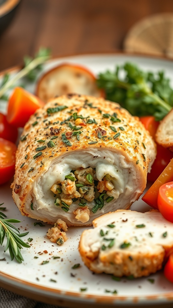 A delicious plate of savory herb and garlic stuffed chicken breast served with fresh vegetables