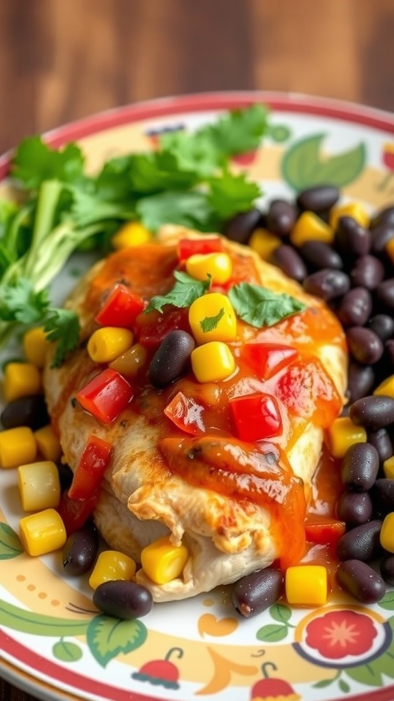 Southwestern chicken breast stuffed with corn and black beans, garnished with fresh cilantro