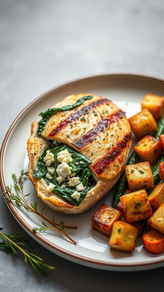 A plate of spinach and feta stuffed chicken breast served with roasted vegetables.