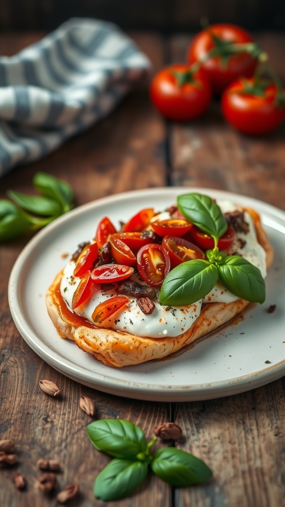 A delicious plate of sun-dried tomato and mozzarella stuffed chicken breast garnished with fresh basil.