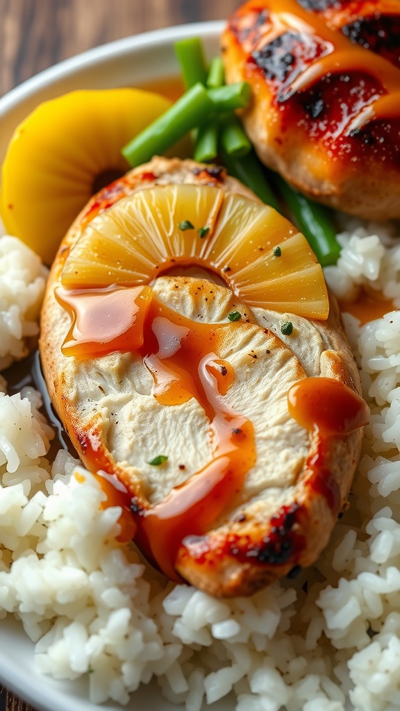 A delicious plate of Teriyaki Chicken Breast stuffed with pineapple, served with rice and garnished with green onions.