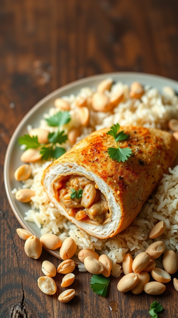 Thai Peanut and Chicken Stuffed Breast served with rice and peanuts