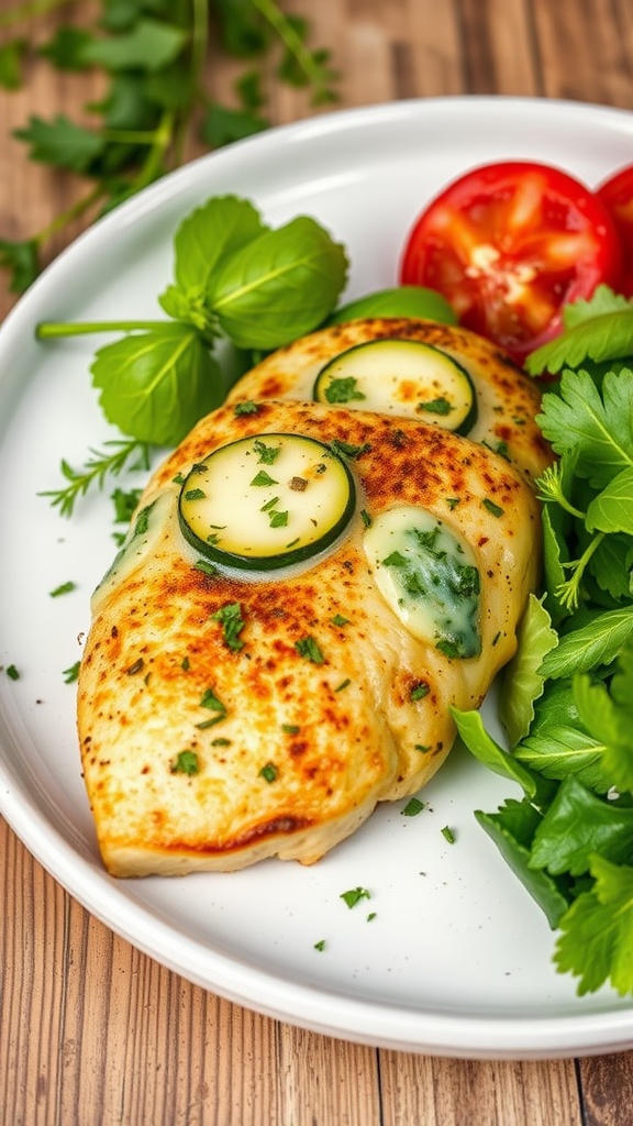 Zucchini and Cheese Stuffed Chicken on a plate with fresh herbs and vegetables.