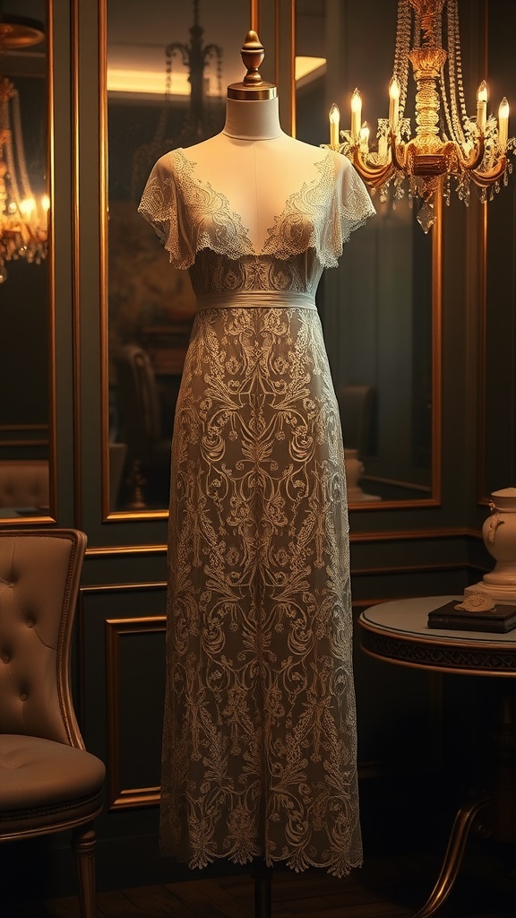 Art Deco lace wedding dress displayed on a mannequin