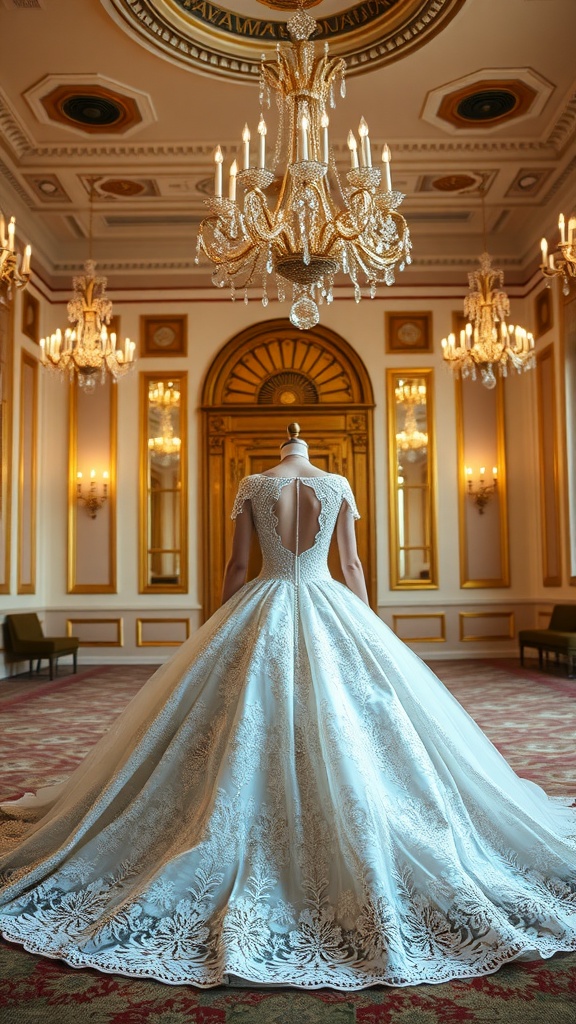 A luxurious ball gown lace wedding dress displayed in an elegant setting.