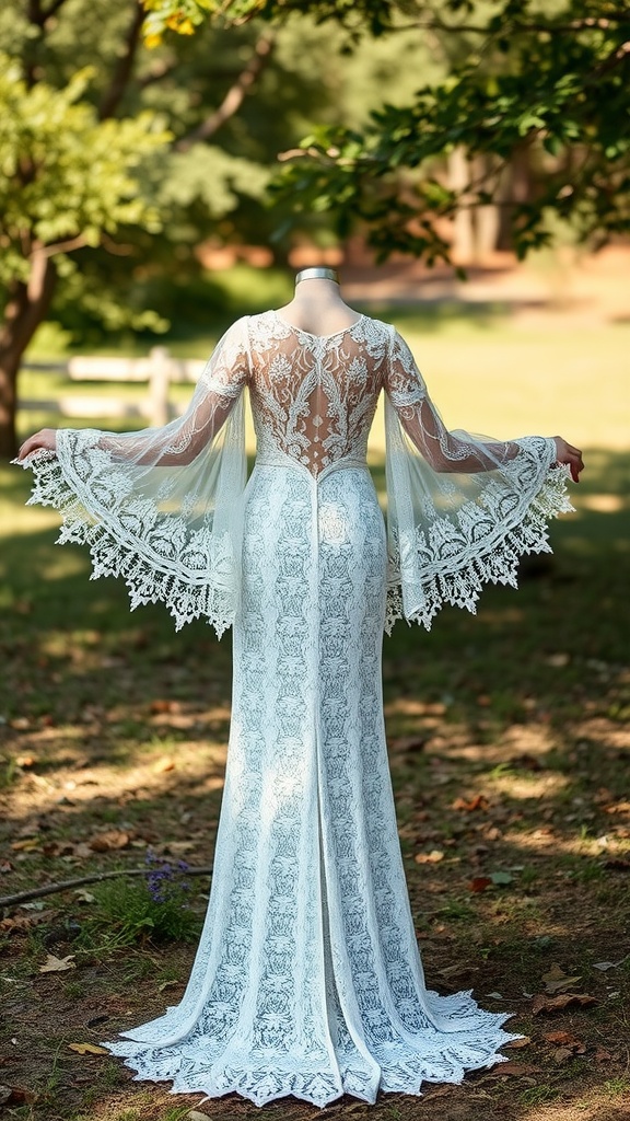 A beautiful bohemian lace wedding dress with intricate details and flowy sleeves, set against a nature backdrop.