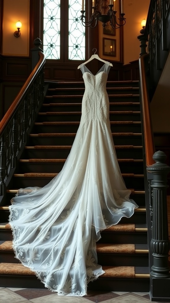 A cascading lace wedding dress hanging on a staircase.