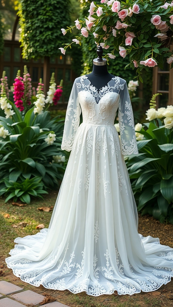 A charming lace and chiffon wedding dress displayed in a garden setting.