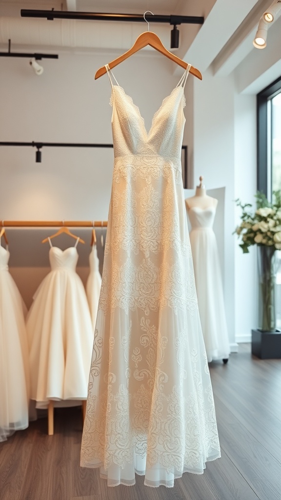 A beautiful lace midi wedding dress hanging in a bridal shop.