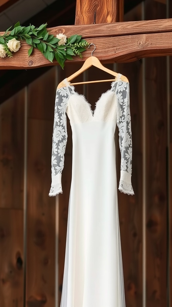 Elegant wedding dress with lace long sleeves hanging on a wooden hanger