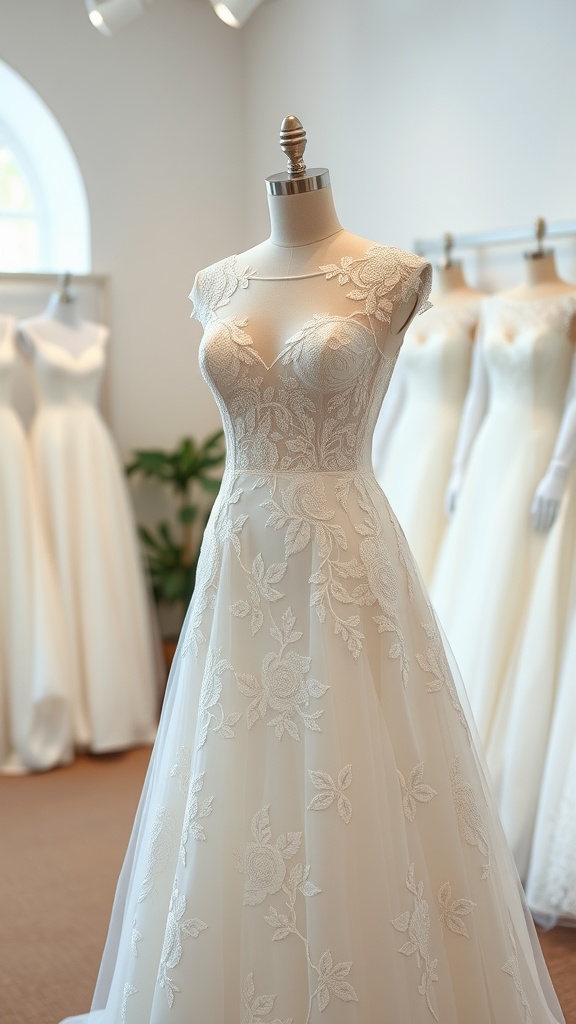 A classic A-line lace wedding dress displayed on a mannequin, showcasing intricate lace details and a flowy skirt.