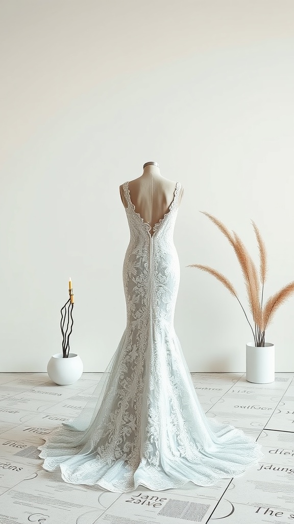 A contemporary lace wedding dress displayed on a mannequin.