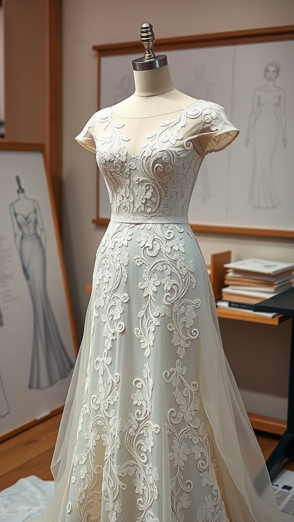 A customized lace wedding dress on a mannequin, showcasing intricate embroidery and a delicate neckline.