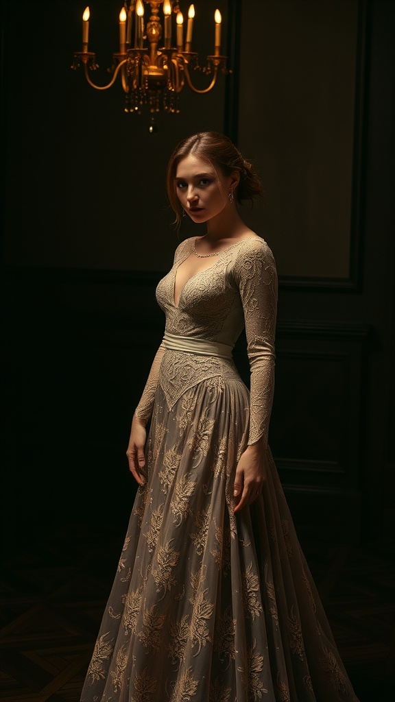 A bride wearing a dramatic lace sleeve wedding gown, featuring intricate lace details and a flowing skirt, illuminated by soft lighting.