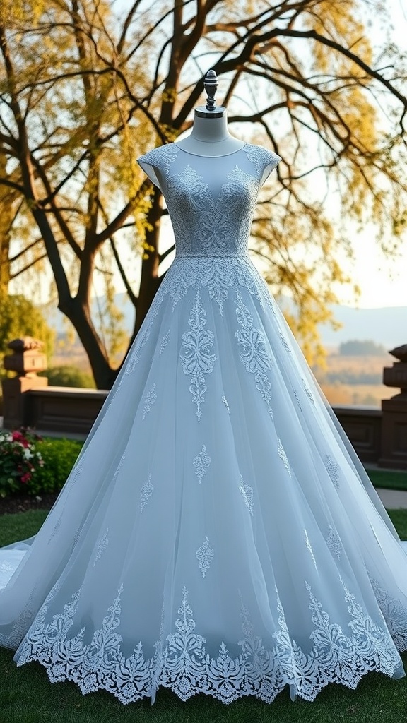 Elegant ball gown wedding dress with lace detailing on a mannequin outdoors