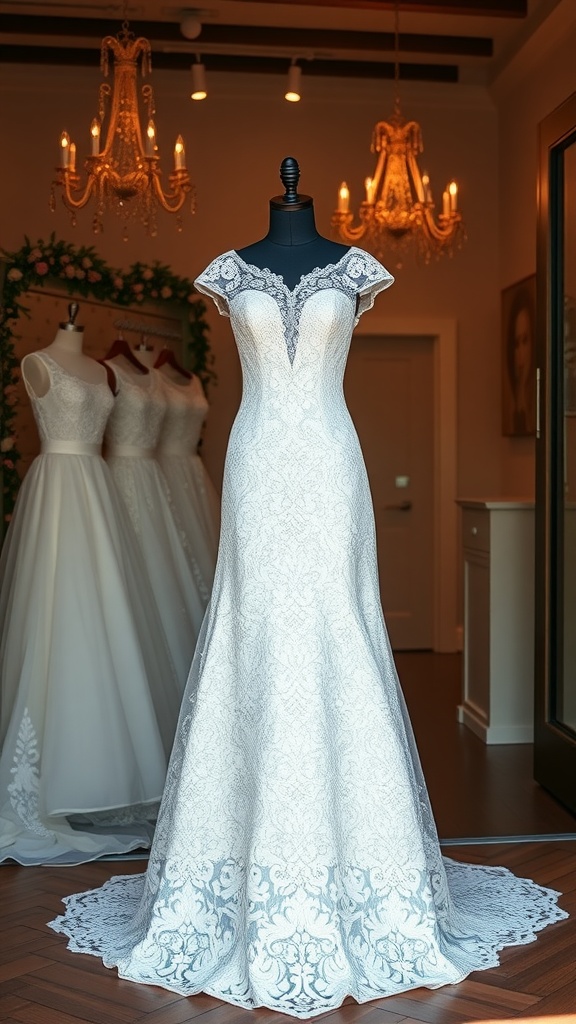 A beautiful lace tea-length wedding dress displayed on a mannequin in a bridal shop, surrounded by elegant chandeliers.