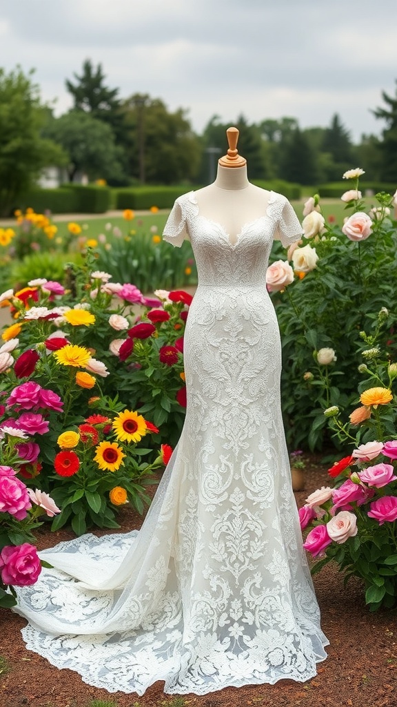 Floral lace wedding gown displayed among colorful flowers