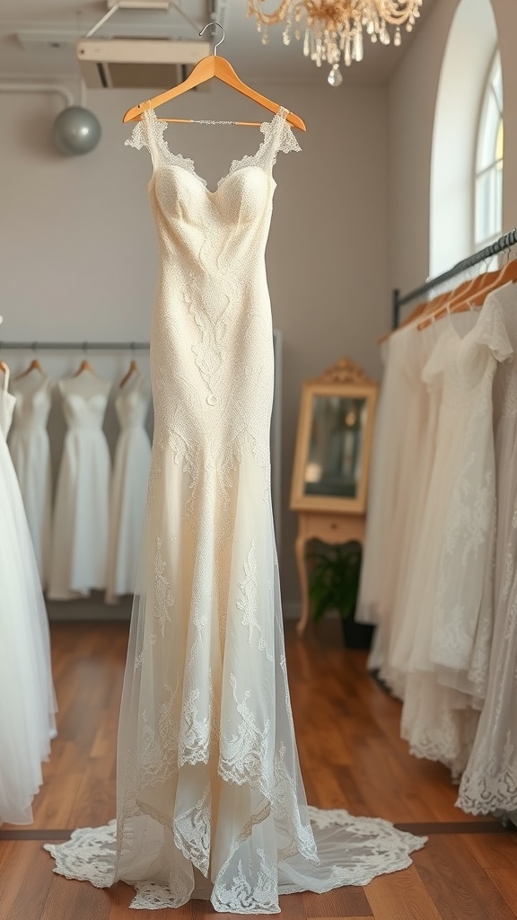 A full lace wedding dress hanging on a wooden hanger in a bridal shop