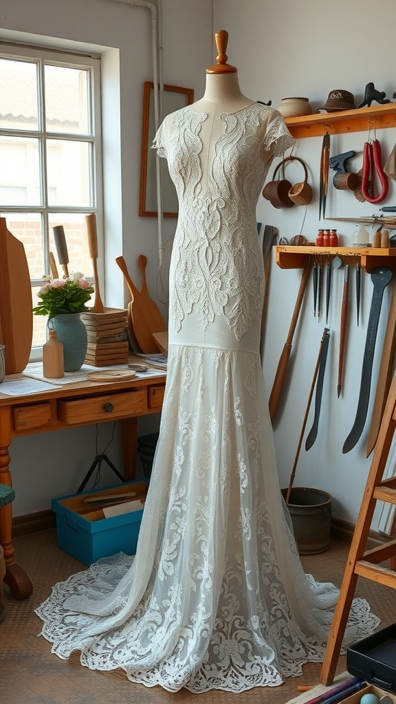 Handcrafted lace wedding dress on a mannequin in a workshop