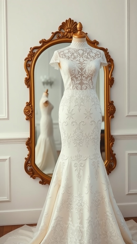 A high neck lace wedding dress displayed on a mannequin in front of a mirror.