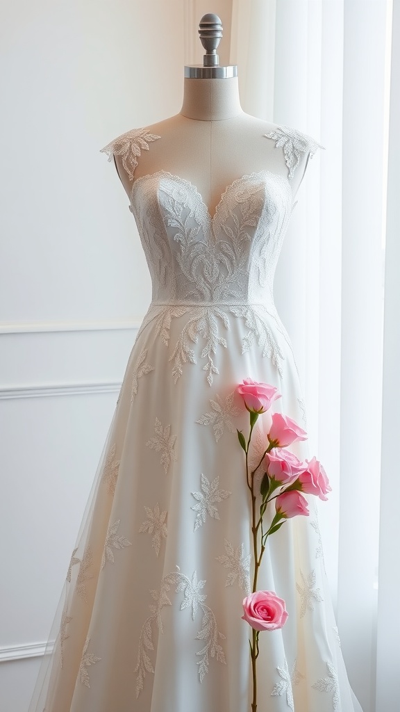 A beautiful illusion lace bodice wedding dress displayed on a mannequin, featuring intricate lace details and a flowing skirt, alongside pink roses.