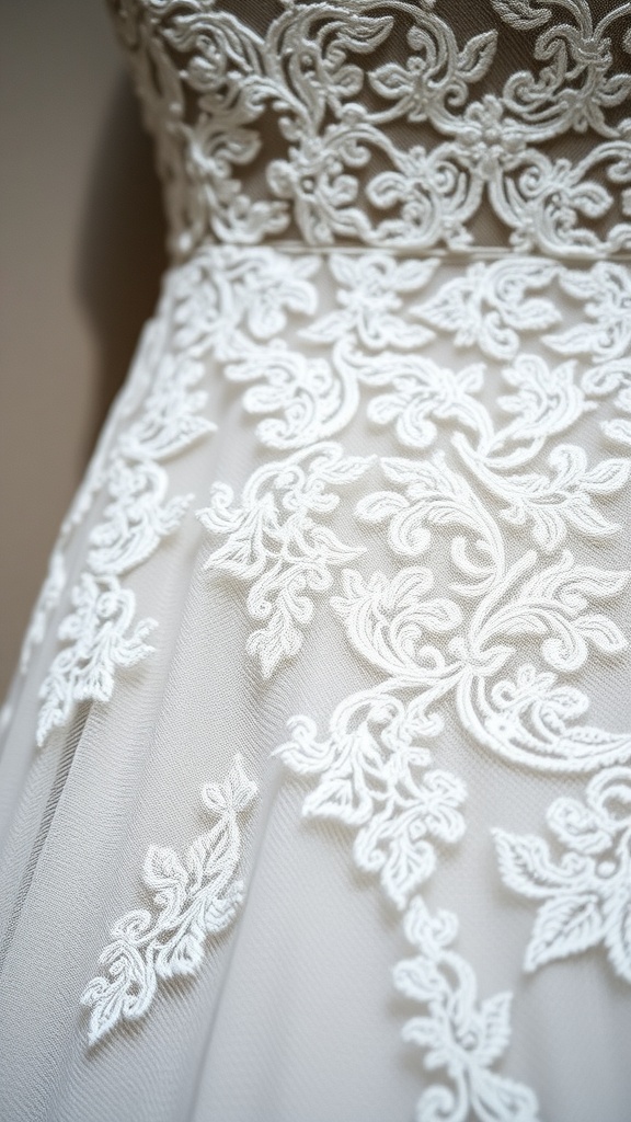 Close-up of intricate lace detailing on a wedding dress