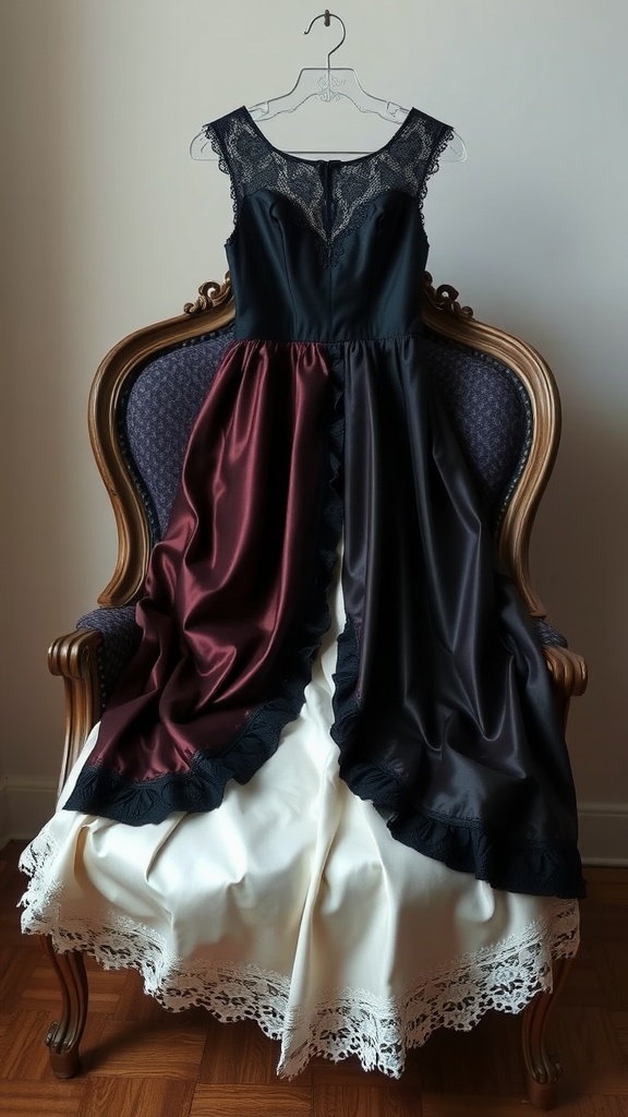 Lace and satin contrast wedding dress hanging on a chair