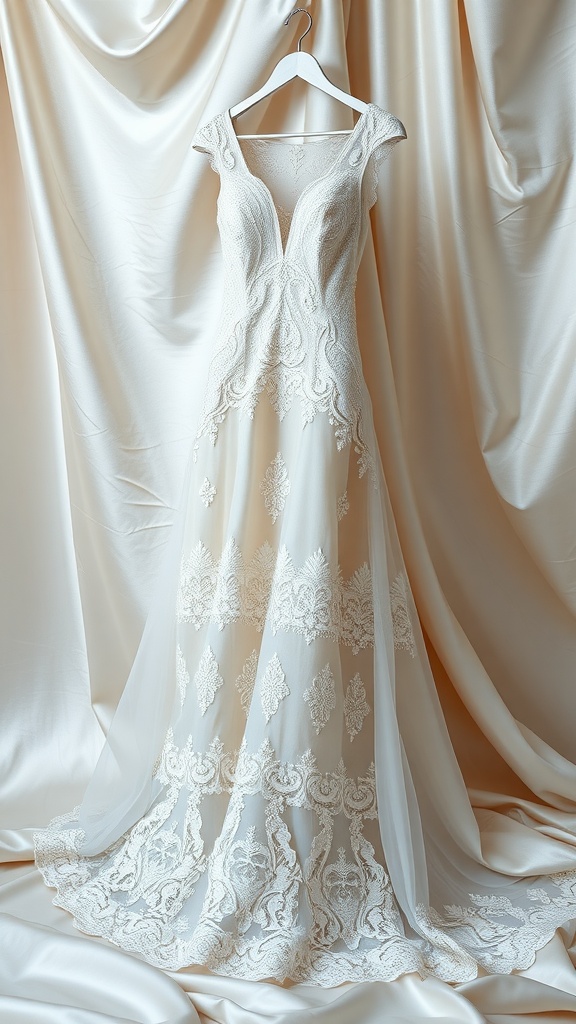 A beautiful lace princess wedding dress hanging on a hanger with soft silk backdrop.