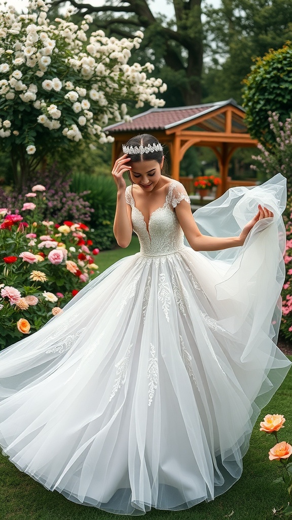 A bride in a lace and tulle wedding gown surrounded by flowers.