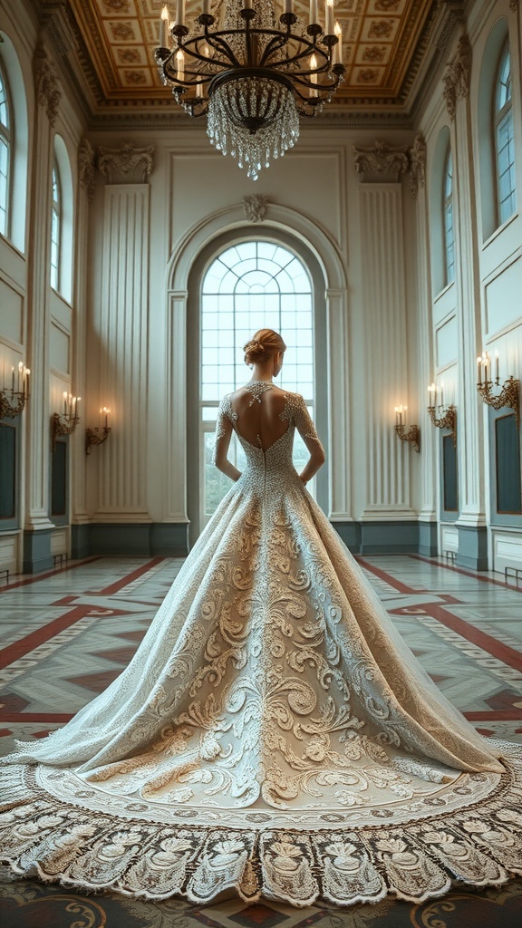 Back view of a bride wearing a lace ball gown with a long train in a grand hall.